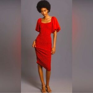 Dolan Anthropologie Puff-Sleeve Pebble-Smocked Midi Dress XS NWT